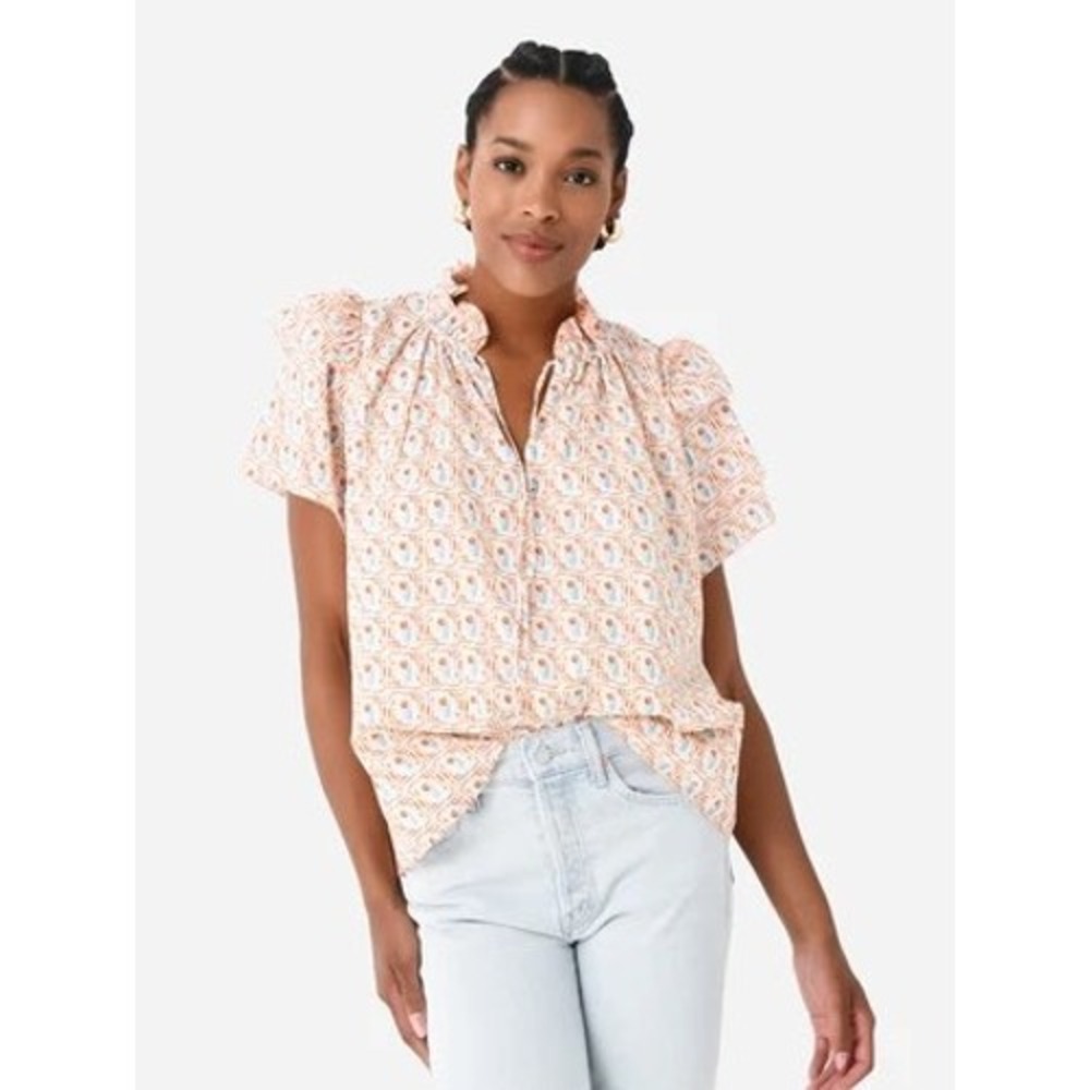 Hunter‎ Bell Millie Tulip Ruffle Neck Tiered Cotton Floral Blouse Orange Blue L